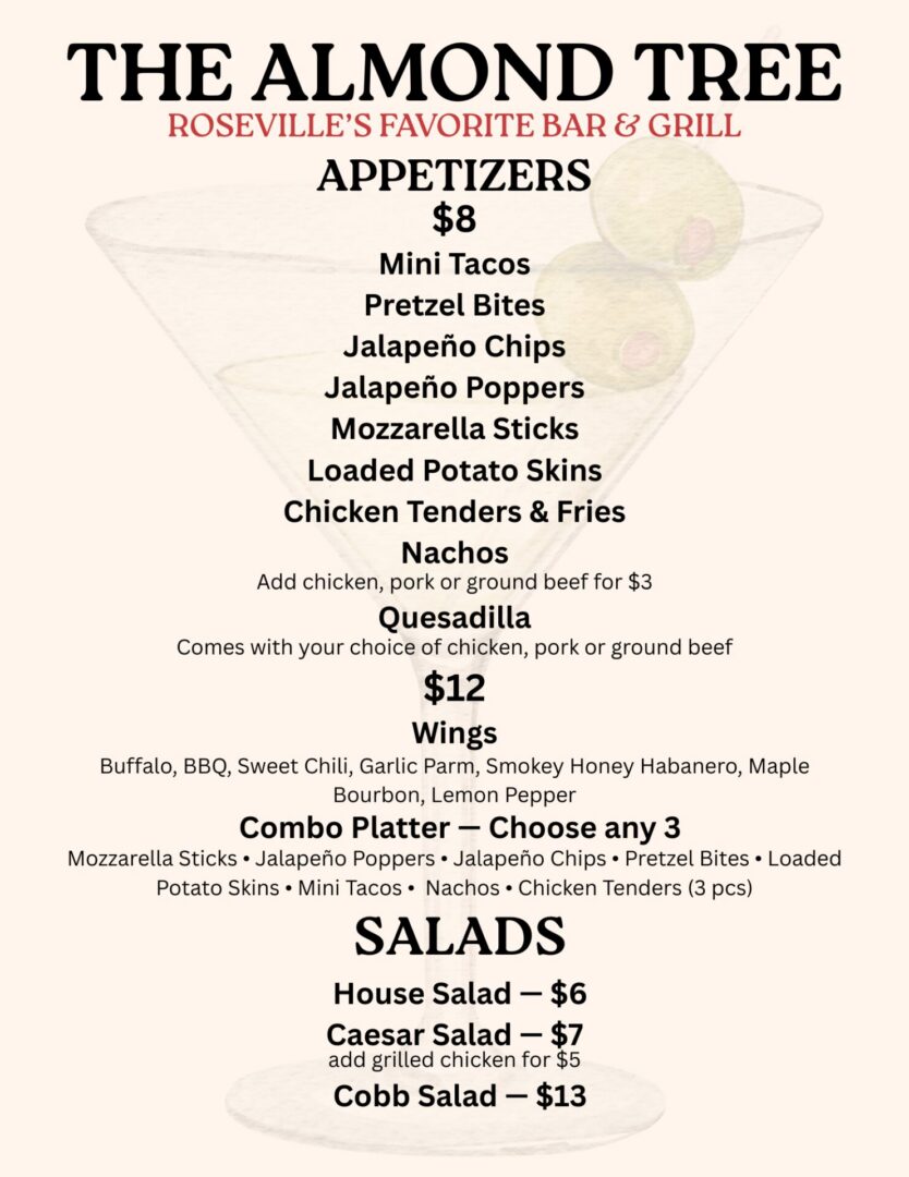 The Almond Tree bar and grill menu