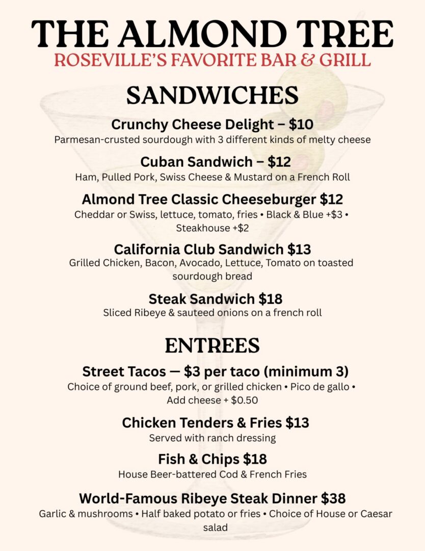 The Almond Tree menu featuring sandwiches and entrees